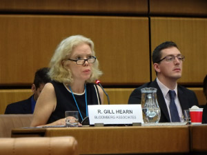 Rose Gill Hearn (Bloomberg Associates) presenting at a panel discussion on tackling money laundering at the 4th UNCAC IRG Briefing for NGOs with Nick Maxwell (TI-UK)